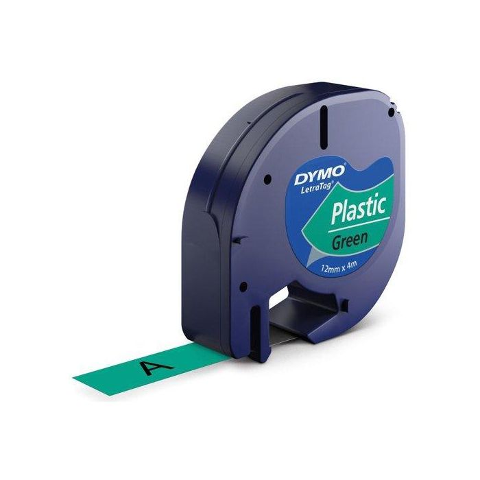 Dymo 91204 Cinta Negro Sobre Verde, 12 mmx4M, Plástico para Rotuladora Letratag