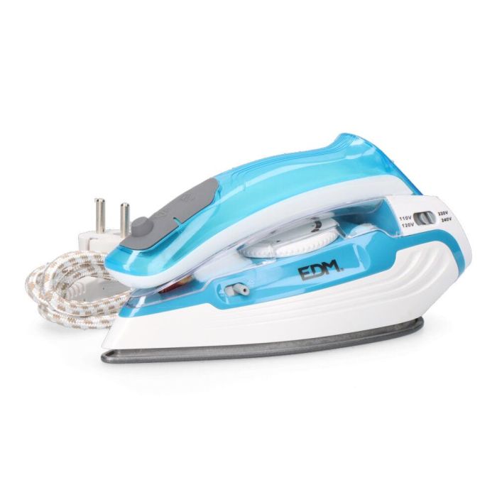 Edm Plancha de Vapor de Viaje 1100W, Doble Voltaje, Asa Plegable, Depósito 80ml, Base Antiadherente, Blanco/Azul 3 Edm Plancha de Vapor de Viaje 1100W, Doble Voltaje, Asa Plegable, Depósito 80ml, Base Antiadherente, Blanco/Azul 3