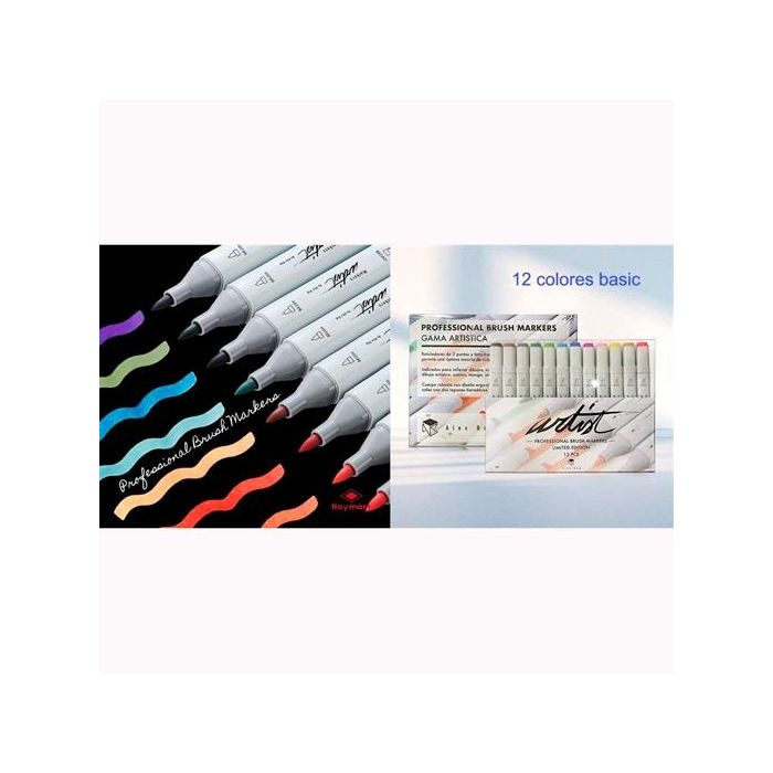 Alex Bog Estuche 12 rotuladores professional brush market basic colors doble punta biselada/pincel c/surtidos