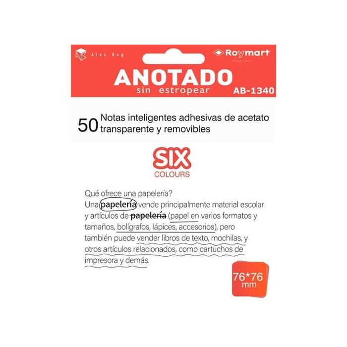 Roymart Bloc notas adhesivas inteligentes removibles transparentes 50h 76x76mm acetato blanco