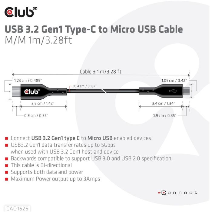 Club3D Kabel USB 3.2 Tipo C a Micro USB 1m Macho/Macho 3 Club3D Kabel USB 3.2 Tipo C a Micro USB 1m Macho/Macho 3