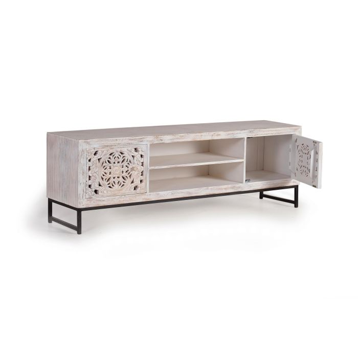 Giner y Colomer Mueble TV en Madera de Mango Tallada a Mano con Metal 170 cm Blanco 2