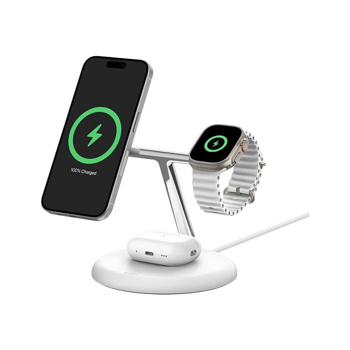 Belkin WIZ023VFWH Base de Carga Inalámbrica 3 en 1 Qi2 15W para iPhone, Apple Watch y AirPods, Blanco 3