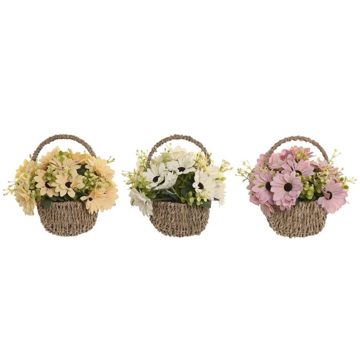 DKD Home Decor Planta Artificial Cottage Cesta Crisantemos Poliéster Fibra Amarillo Rosa Blanco Marrón 18 x 19 x 22 cm (3 Unidades)