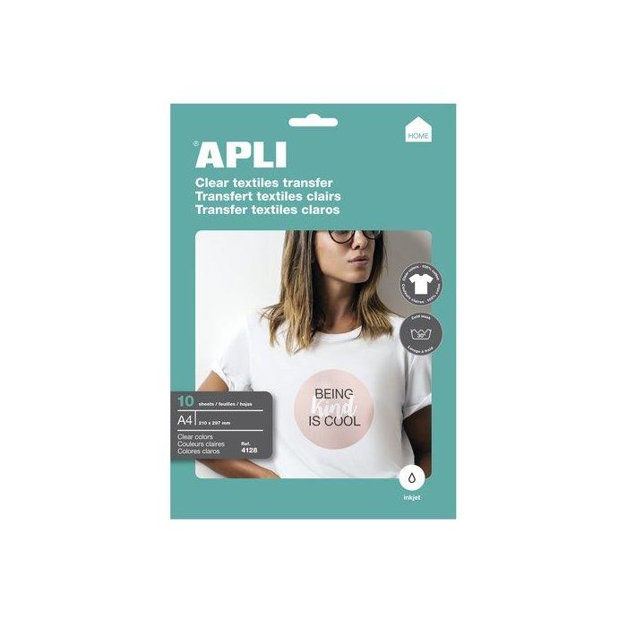 Apli Papel Transfer A4 para Prendas Blancas, Compatible con Inkjet, Paquete de 10 Hojas