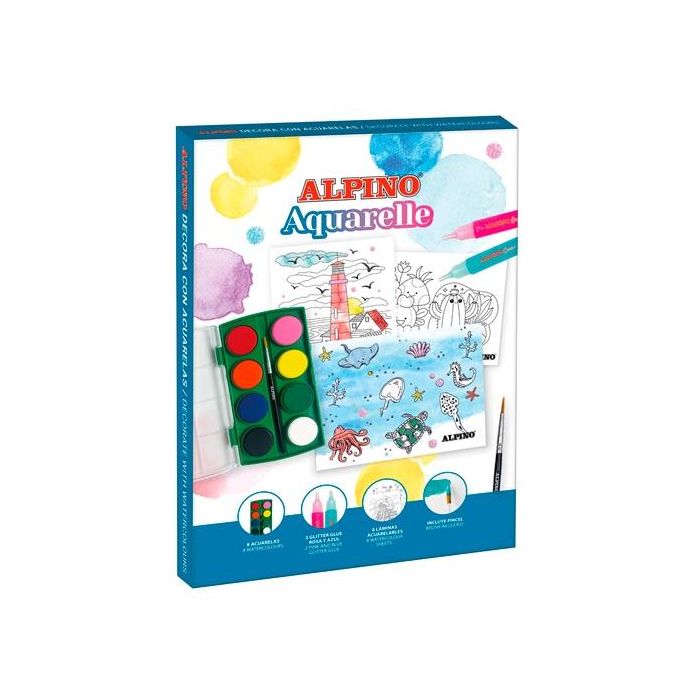 Alpino Set Creativo Decor Aquarelle 6 Acuarelas + 8 Láminas + 2 grlitter Glue
