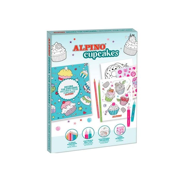 Alpino Set creativo decor cupcakes 12 lápices + 18 ilustraciones + pegatinas + 2 glitter glue
