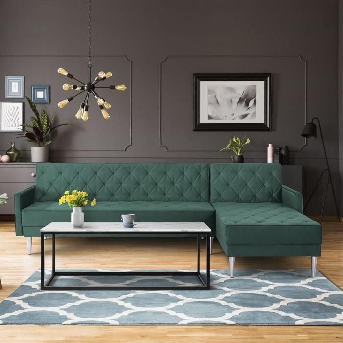 Sofá esquinero reversible de 3 plazas - Terciopelo verde - Patas de metal - L 286 x P 169 x H 80 cm - ISTANA 1 Sofá esquinero reversible de 3 plazas - Terciopelo verde - Patas de metal - L 286 x P 169 x H 80 cm - ISTANA 1
