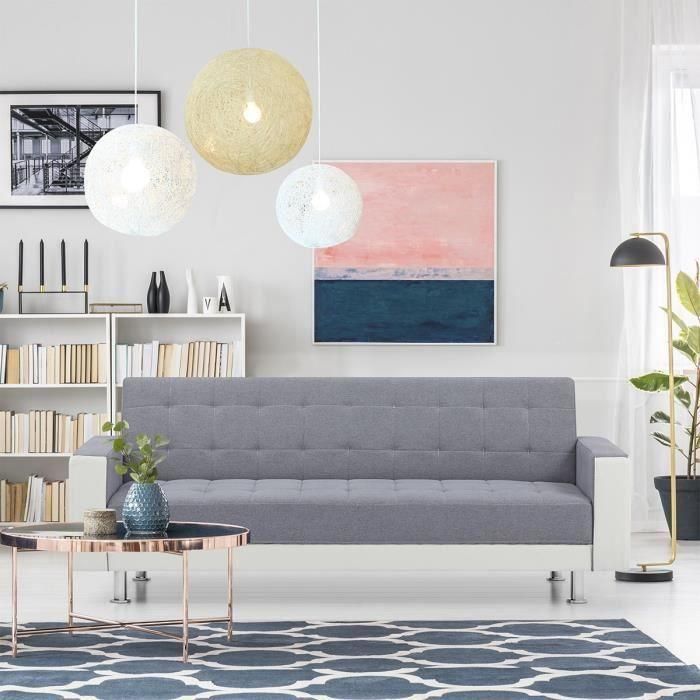 Sofá recto convertible de 3 plazas IVANA - Tela y PU gris oscuro y blanco - Estilo moderno - L 208 x P 86 x H 80 cm