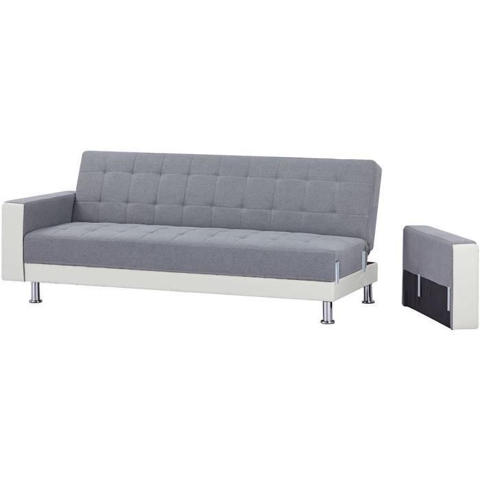 Sofá recto convertible de 3 plazas IVANA - Tela y PU gris oscuro y blanco - Estilo moderno - L 208 x P 86 x H 80 cm