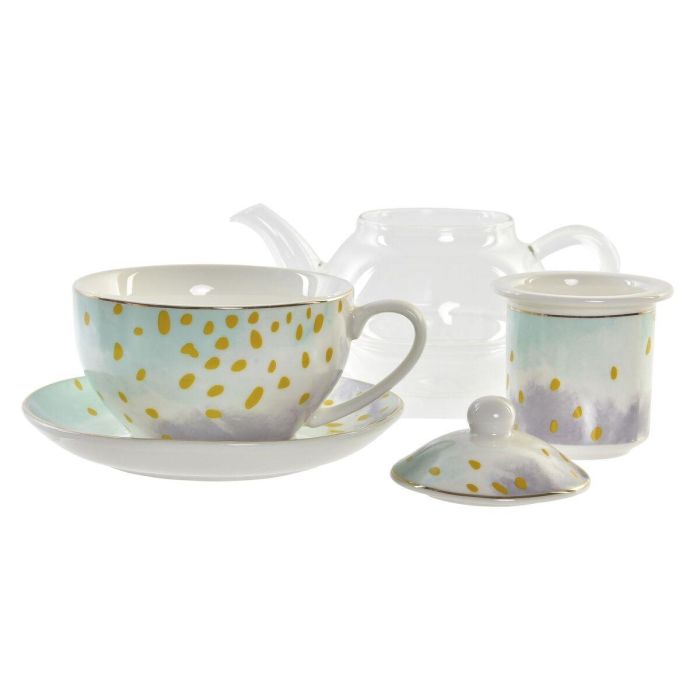 Tetera DKD Home Decor Cristal Porcelana Rosa Transparente Blanco Verde (2 Unidades) 3