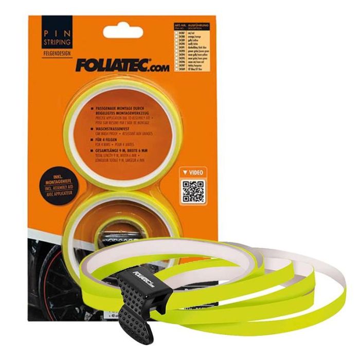 Foliatec FO34394 Tiras Adhesivas Pin Striping para Llanta Amarillo Neón 6mm x 8.6m, Incluye Ayuda de Montaje para 4 Llantas