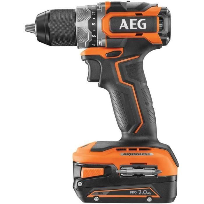 AEG BRUSHLESS BS18SBL-202C Destornillador de taladro subcompacto de 18 V, 2 baterías Pro de litio de 2,0 Ah, mandril metálico de 13 mm, par de torsión de 65 Nm