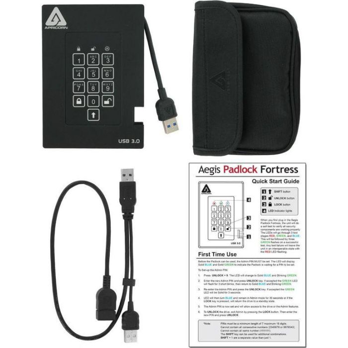 Apricorn Padlock Fortress 1000GB HDD, Acceso PIN, USB 3.0 3