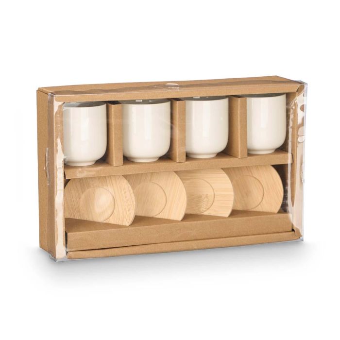 Set 4 Vasos Cafe Ceramica Blanca Posavasos Bambu Kinvara 28x17x6cm (12 Unidades) 2