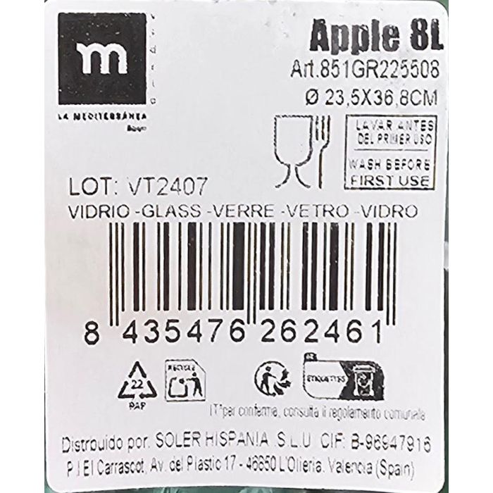 Inde Garrafa Vidrio Rayada 8 L "Apple" Ø 23.5 x 36.8 cm (2 Unidades)