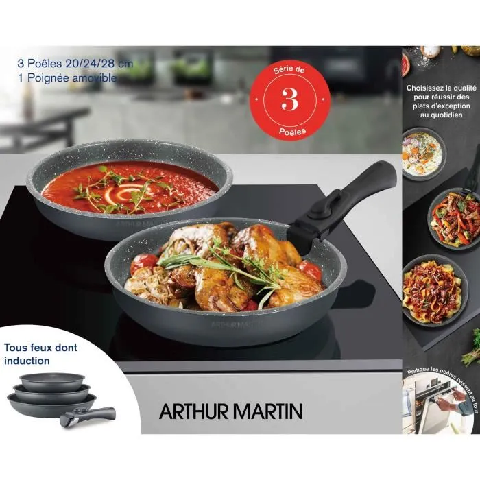 Arthur Martin AM521GM Batería de Cocina con 3 Ollas - Matt Gray 20-24-28 cm + 1 Manija Extraíble - Todas las cocinas incluyendo inducción 2