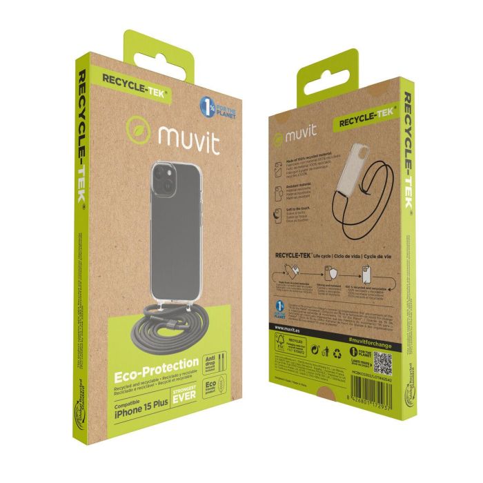 Muvit Funda Recycletek para Apple iPhone 15, Transparente Ecoamigable con Cordón Resistente, Fabricada con Material Reciclado, Certificación GRS 8