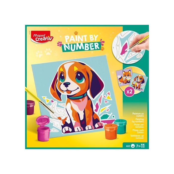Maped Creativ - Juego de pintar por números para niños con acuarelas, diseño de perro y zorro, incluye 12 colores y pincel
