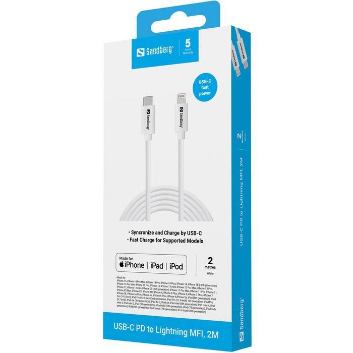Sandberg USB-C PD to Lightning MFI, 2M Cable para Carga Rápida de iPhone y iPad 2 Sandberg USB-C PD to Lightning MFI, 2M Cable para Carga Rápida de iPhone y iPad 2