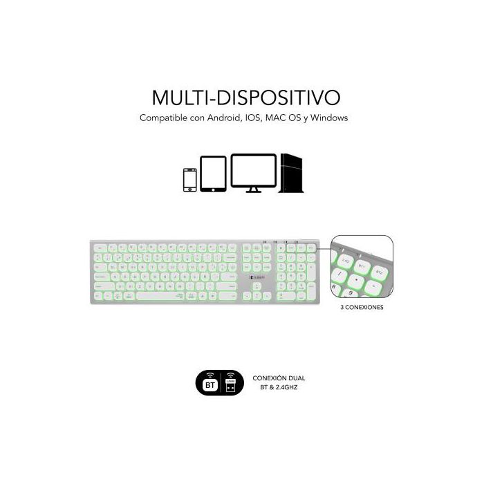 Subblim SUBKB-3MIE300 Teclado Inalámbrico Master Plata y Blanco Dual Bluetooth 5.2 y 2.4G Retroiluminado Multidispositivo 3 Numérico Español Recargable USB-C 3 Subblim SUBKB-3MIE300 Teclado Inalámbrico Master Plata y Blanco Dual Bluetooth 5.2 y 2.4G Retroiluminado Multidispositivo 3 Numérico Español Recargable USB-C 3