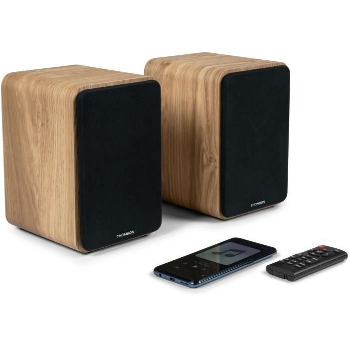 THOMSON WS602DUO - Juego de 2 altavoces con caja de madera - 100W - Bluetooth 5.0 - 2 salidas RCA - Madera clara 2