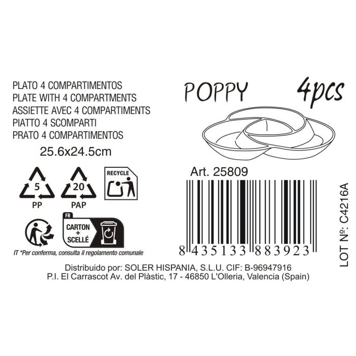 Plato 4 Compartimentos 25.6x24.5 cm Popp - Inde (12 Unidades) 1 Plato 4 Compartimentos 25.6x24.5 cm Popp - Inde (12 Unidades) 1