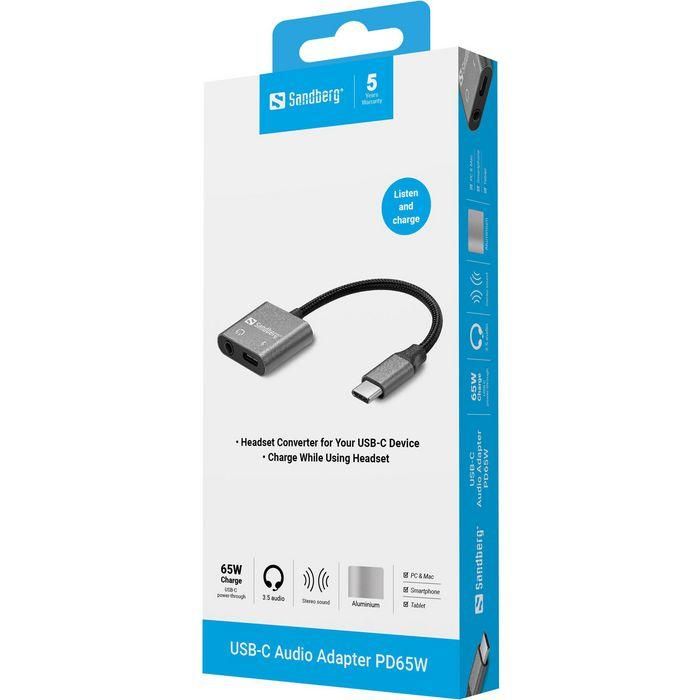 Sandberg USB-C Audio Adapter PD65W para Auriculares y Carga 65W, Ideal Portátiles, Tablets y Smartphones 2