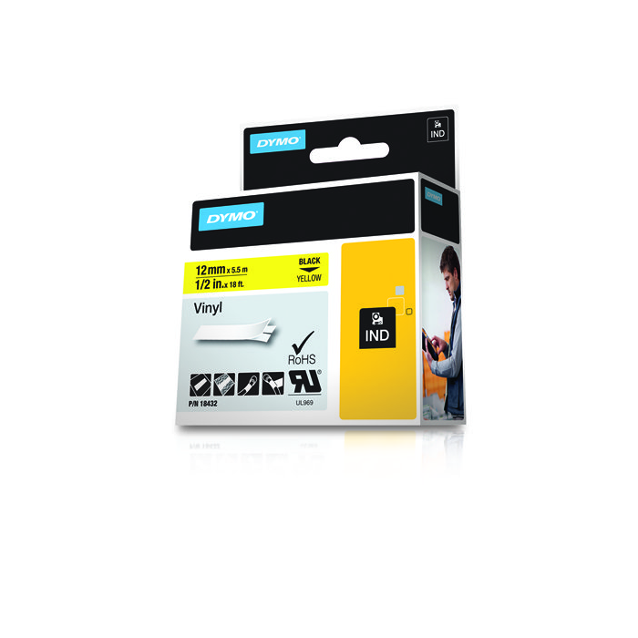 Dymo Rhino Cinta De Etiquetas Industrial Adhesiva Id1-12, Negro Sobre Amarillo 12 mm, Vinilo S0718450 1