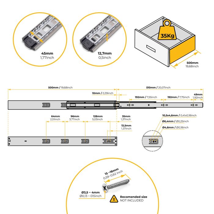 Emuca Juego de guías de bolas para cajones con extracción total y cierre suave, altura 45mm, logitud 500mm, Acero, Cincado 11 Emuca Juego de guías de bolas para cajones con extracción total y cierre suave, altura 45mm, logitud 500mm, Acero, Cincado 11