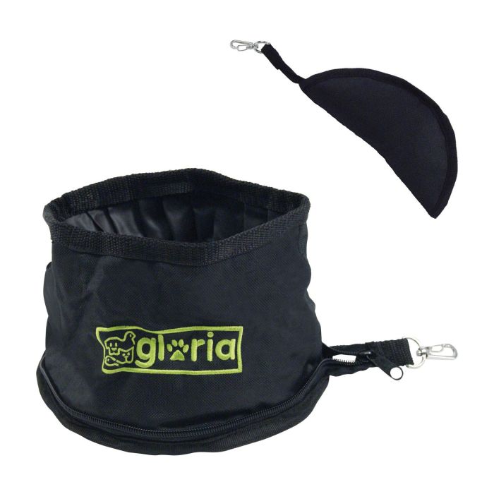 Gloria Comedero Bebedero Plegable de Poliéster para Viaje, Resistente al Agua 18x18 cm con Mosquetón Negro
