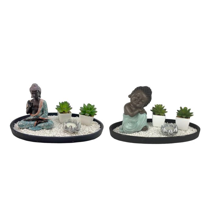DKD Home Decor Figura Decorativa Oriental Jardín Zen de Resina y Piedra Verde Blanco, 16.5x15.5x32 cm (Pack de 2)