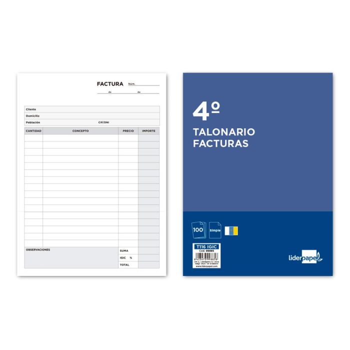 Talonario Liderpapel Facturas Cuarto Original 116 Con I.G.I.C. 10 unidades