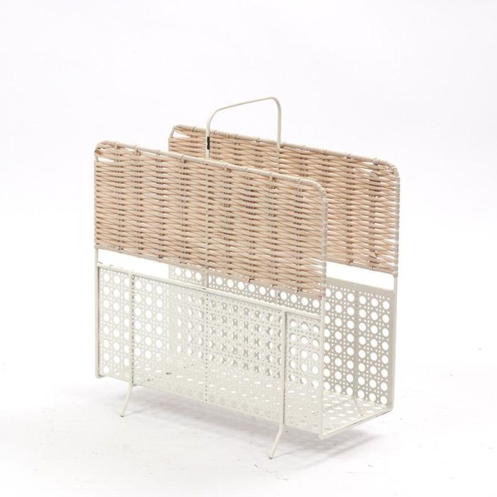 DKD Home Decor Revistero Boho de Mimbre y Metal, Tono Natural y Blanco, 36.5 x 15 x 41 cm