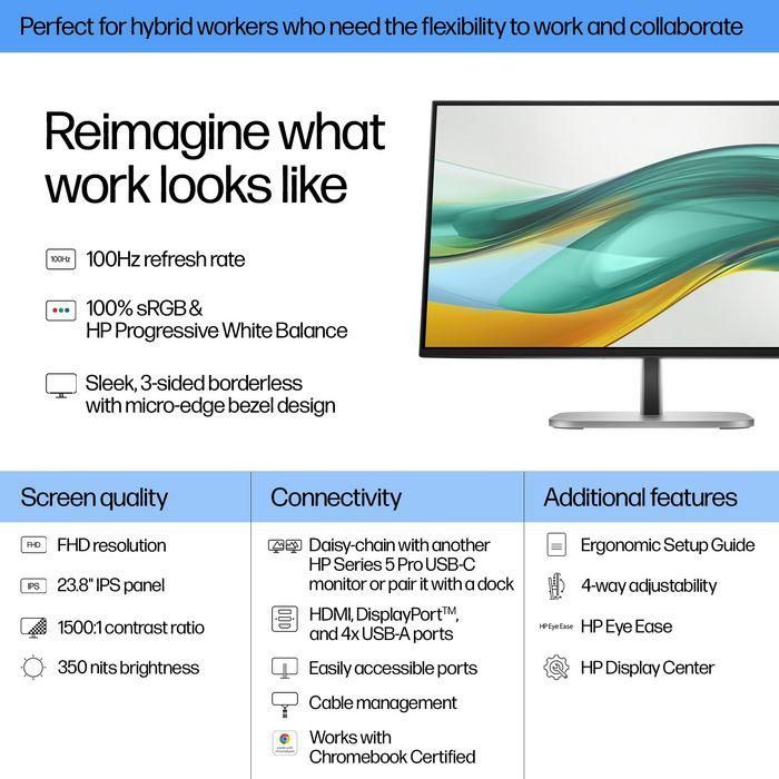 HP 524pf Monitor Series 5 Pro de 23.8 pulgadas FHD para trabajo, con claridad visual, confort ajustable y diseño moderno 2 HP 524pf Monitor Series 5 Pro de 23.8 pulgadas FHD para trabajo, con claridad visual, confort ajustable y diseño moderno 2