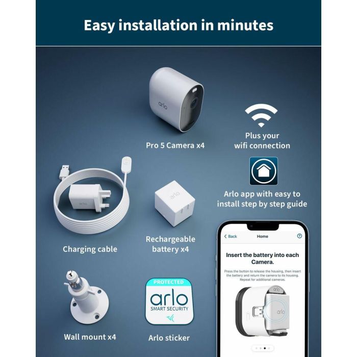 Arlo AAAOU33059 Pro 5 2K+ Cámara de Seguridad Conectada - 4 Cámaras - Visión Nocturna a Color - Wi-Fi Doble Banda 3 Arlo AAAOU33059 Pro 5 2K+ Cámara de Seguridad Conectada - 4 Cámaras - Visión Nocturna a Color - Wi-Fi Doble Banda 3