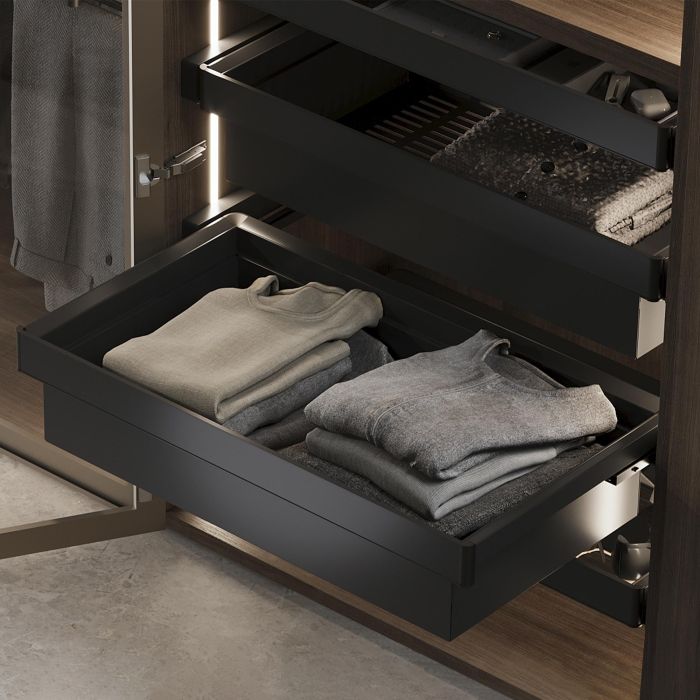 Emuca Kit de cajón metálico y bastidor regulable Quartz para armarios, guías de cierre suave y extracción total, Módulo 90cm, Acabado Titanio 3