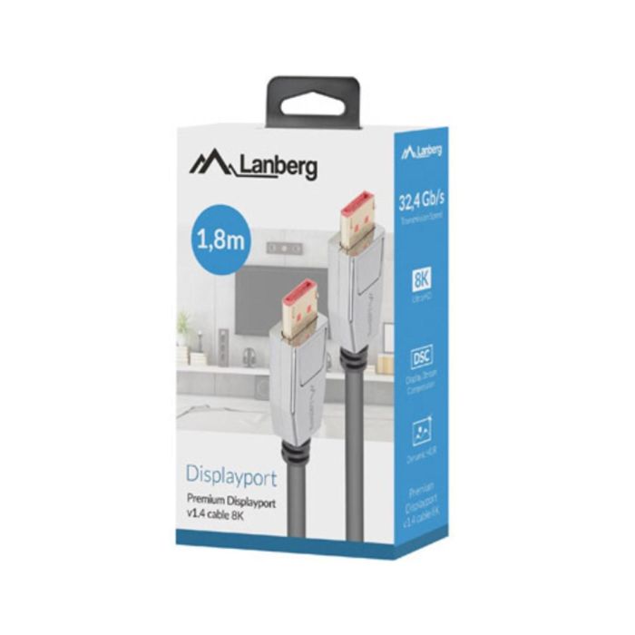 Lanberg CA-DPDP-20CU-0010-BK Cable Displayport Macho a Macho 1m Negro Plata Versión 1.4 8K 240Hz 2