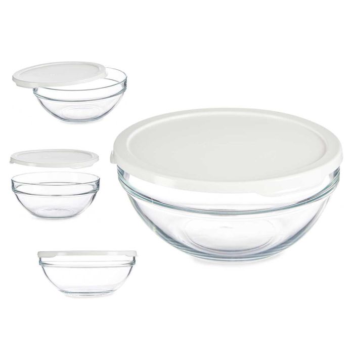 Pasabahce Fiambrera Redonda Chefs Con Tapa Blanca 1700ml 21x9x21cm Vidrio y Plástico (Set de 4)