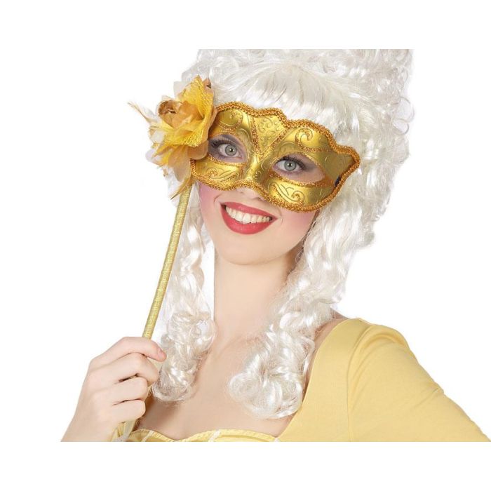 Antifaz Venecia Dorado Mujer Adulto con Flor y Varilla para Eventos Elegantes