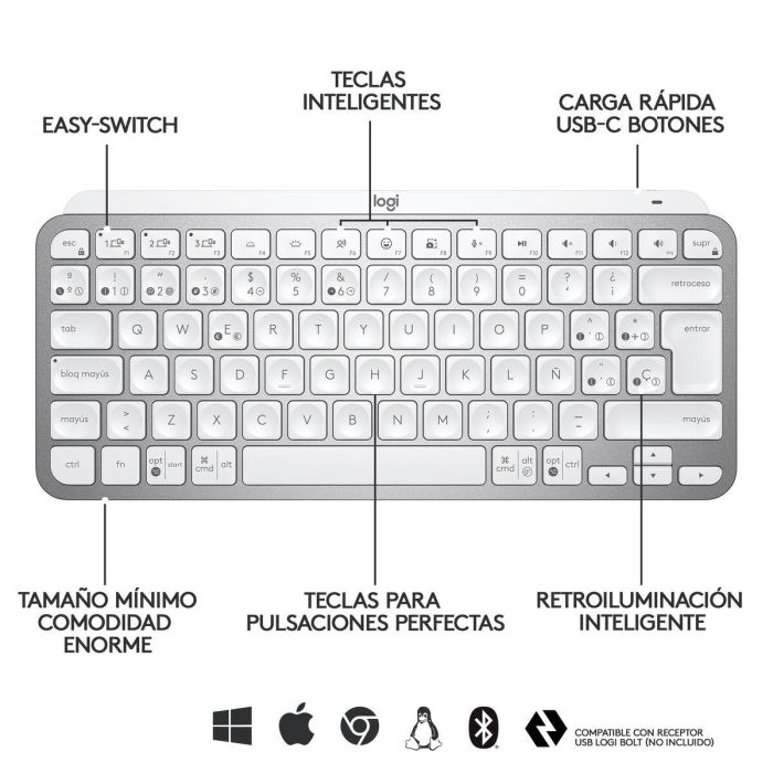 Logitech MX Keys Mini Teclado Inalámbrico Gris Pálido - Teclas Esféricas Cóncavas, Retroiluminación Inteligente, Bluetooth 32