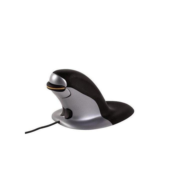 Fellowes Ratón Vertical Inalámbrico Penguin Pequeño, Ambidextro, Laser 1200 DPI, Recargable, Negro/Plata