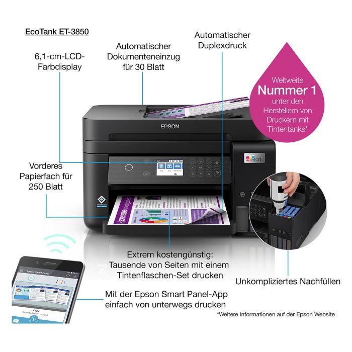 Epson ET-3850 Impresora Multifunción EcoTank 3 en 1, A4, Wi-Fi, ADF, Duplex, Inyección de Tinta, Color, 4800 x 1200 DPI 11 Epson ET-3850 Impresora Multifunción EcoTank 3 en 1, A4, Wi-Fi, ADF, Duplex, Inyección de Tinta, Color, 4800 x 1200 DPI 11