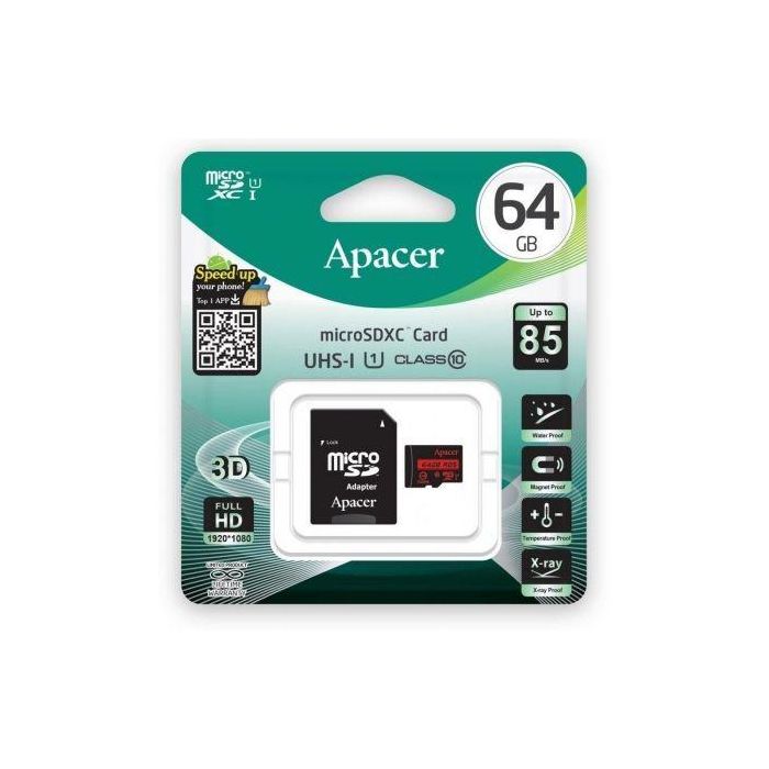 Tarjeta de Memoria Apacer 64GB XC UHS 1 con Adaptador/ Clase 10/ 85MBs 2