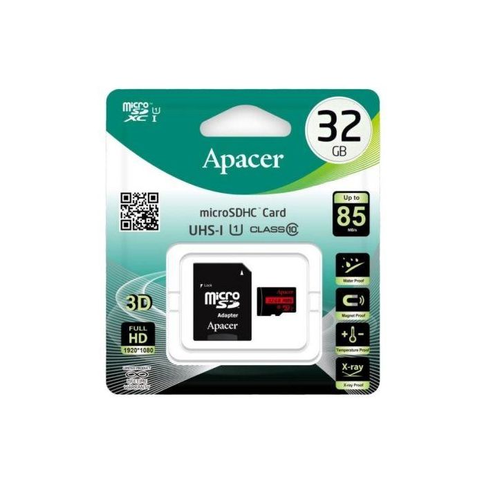Tarjeta de Memoria Apacer 32GB microSD HC UHS 1 con Adaptador/ Clase 10/ 85MBs
