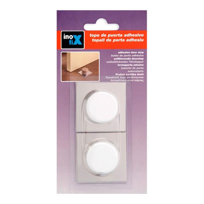 Inofix Tope de puerta adhesivo blanco-cromo, PVC y base metálica, blister 2 unid. 1 Inofix Tope de puerta adhesivo blanco-cromo, PVC y base metálica, blister 2 unid. 1