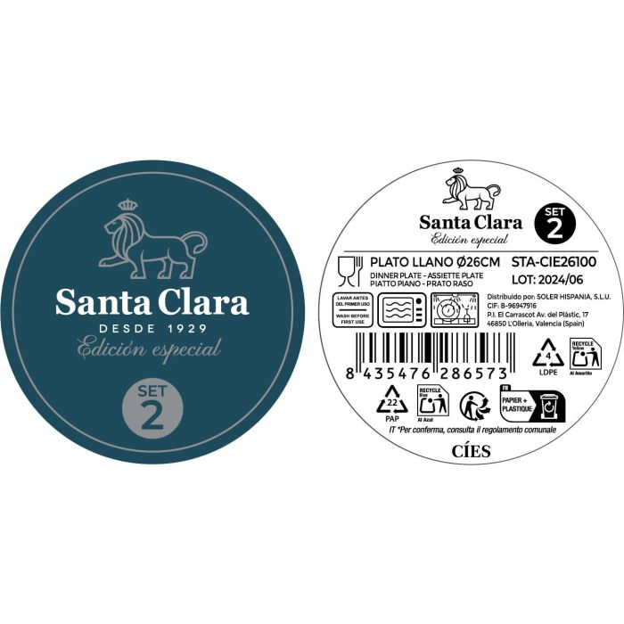 La Mediterranea Set Plato Llano Cies - 2 Piezas, Plato 26 cm (Ø26x2 cm, 136 g), Cerámica Monaco (3 Cajas)