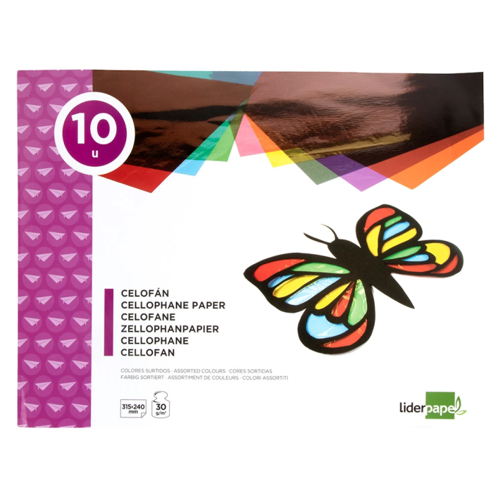 Liderpapel Bloc trabajos manuales celofan 10 hojas colores surtidos 240x315mm 1