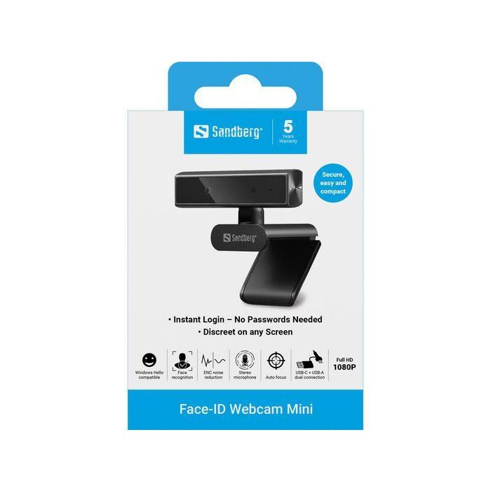 Sandberg Face-ID Webcam Mini Webcam Full HD 1080P con Micrófono y Reconocimiento Facial Compatible con Windows Hello 7