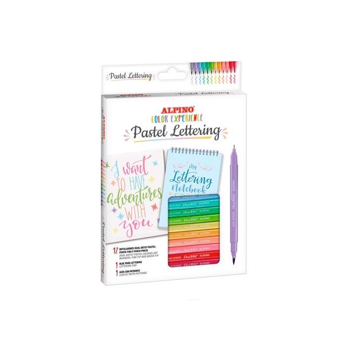 Alpino kit color experience pastel lettering bloc + guía + 10 rotuladores dual artist doble punta c/surtidos